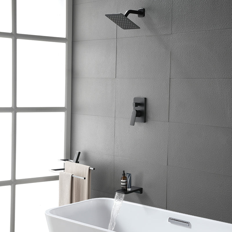 Bath and Shower Faucet Set with Pressure Balance Valve, 8 Inch Rain Shower Head and Waterfall Spout in Matte Black, Brushed Nickel, Brushed Gold Finish