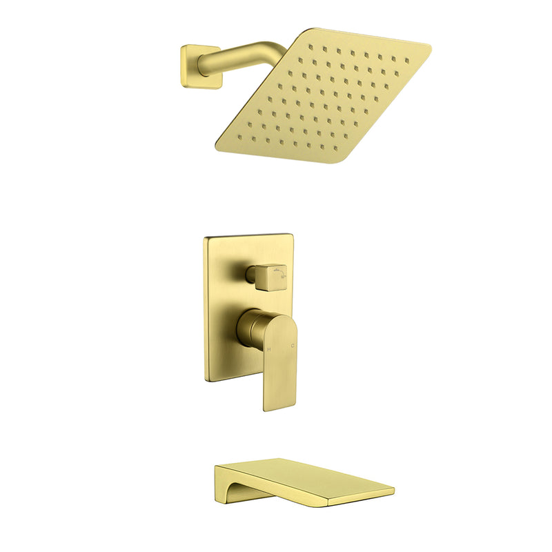 Bath and Shower Faucet Set with Pressure Balance Valve, 8 Inch Rain Shower Head and Waterfall Spout in Matte Black, Brushed Nickel, Brushed Gold Finish