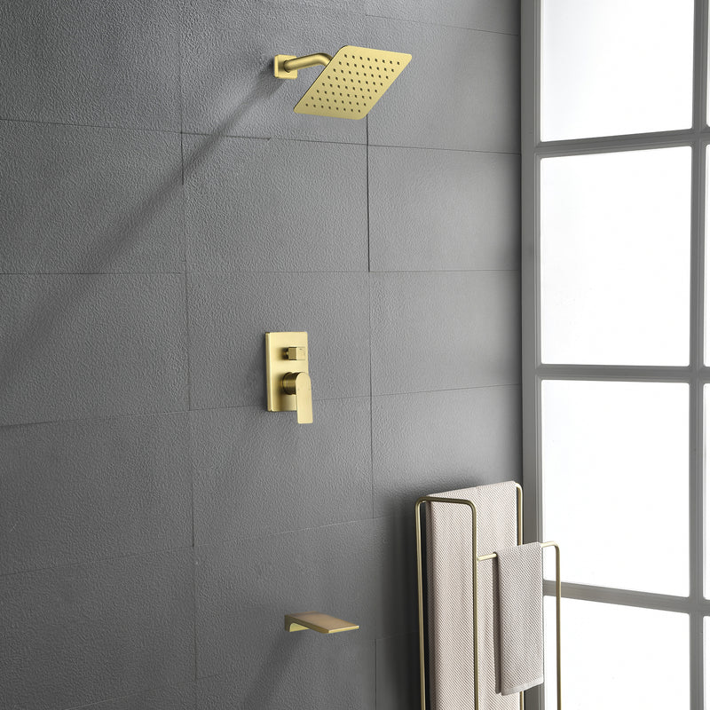 Bath and Shower Faucet Set with Pressure Balance Valve, 8 Inch Rain Shower Head and Waterfall Spout in Matte Black, Brushed Nickel, Brushed Gold Finish