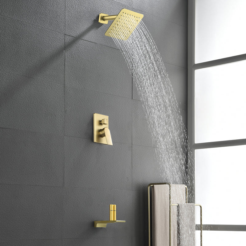 Bath and Shower Faucet Set with Pressure Balance Valve, 8 Inch Rain Shower Head and Waterfall Spout in Matte Black, Brushed Nickel, Brushed Gold Finish
