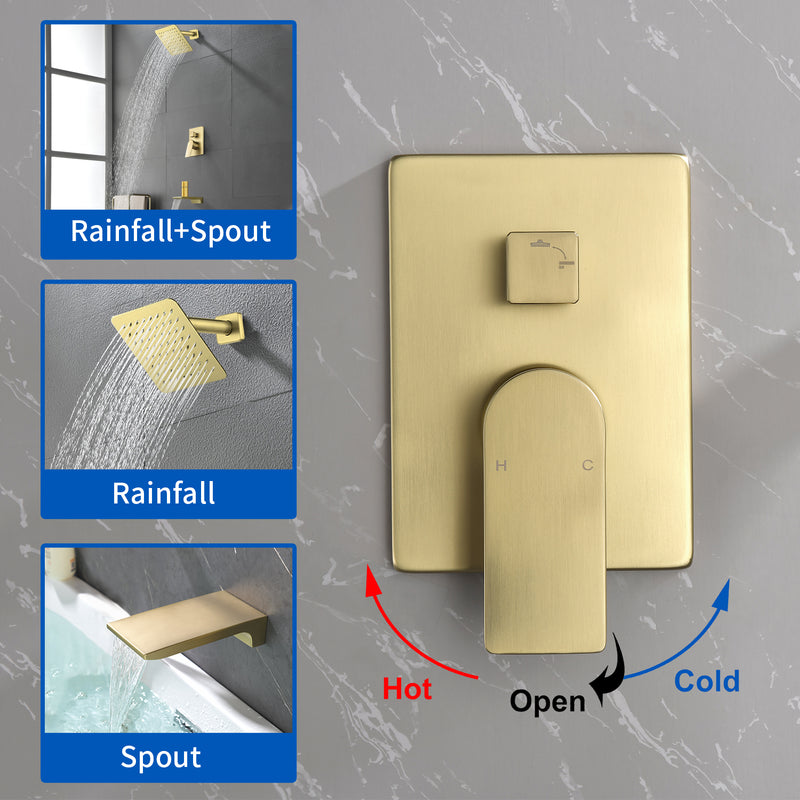 Bath and Shower Faucet Set with Pressure Balance Valve, 8 Inch Rain Shower Head and Waterfall Spout in Matte Black, Brushed Nickel, Brushed Gold Finish