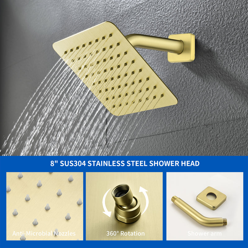 Bath and Shower Faucet Set with Pressure Balance Valve, 8 Inch Rain Shower Head and Waterfall Spout in Matte Black, Brushed Nickel, Brushed Gold Finish