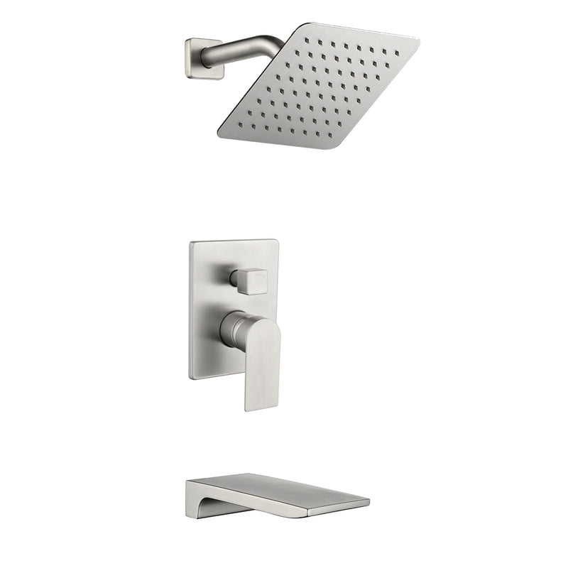 Bath and Shower Faucet Set with Pressure Balance Valve, 8 Inch Rain Shower Head and Waterfall Spout in Matte Black, Brushed Nickel, Brushed Gold Finish