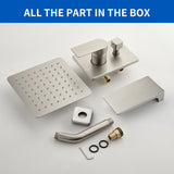 Bath and Shower Faucet Set with Pressure Balance Valve, 8 Inch Rain Shower Head and Waterfall Spout in Matte Black, Brushed Nickel, Brushed Gold Finish