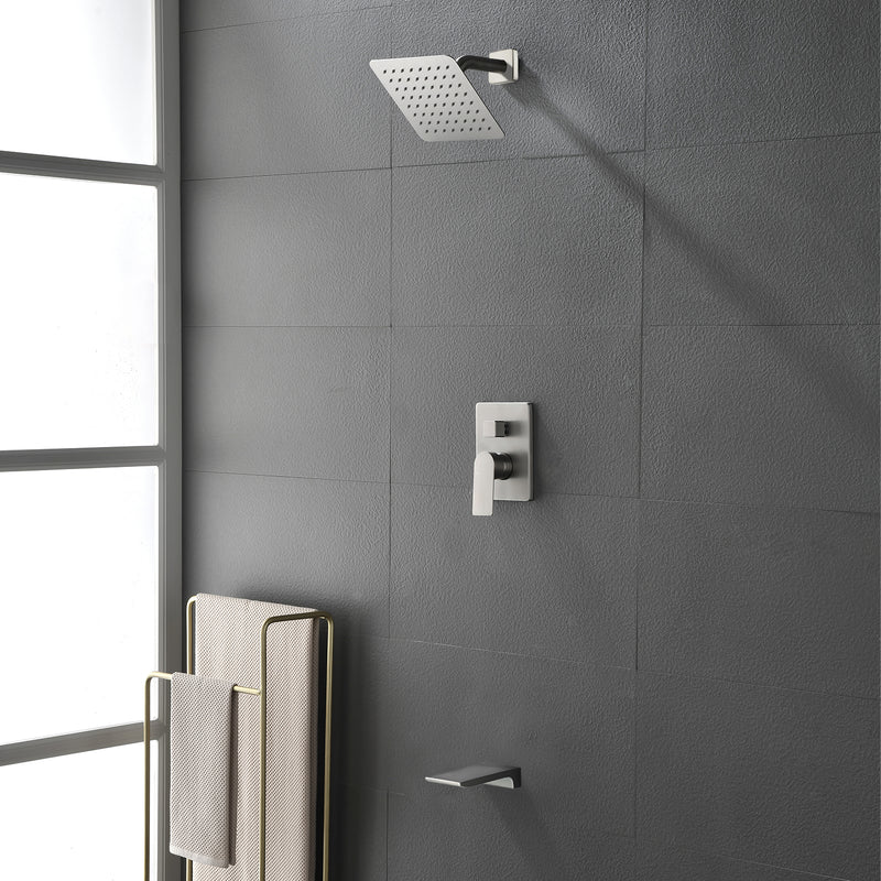 Bath and Shower Faucet Set with Pressure Balance Valve, 8 Inch Rain Shower Head and Waterfall Spout in Matte Black, Brushed Nickel, Brushed Gold Finish