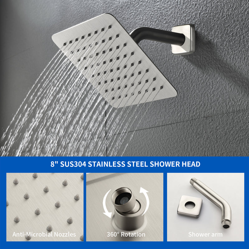 Bath and Shower Faucet Set with Pressure Balance Valve, 8 Inch Rain Shower Head and Waterfall Spout in Matte Black, Brushed Nickel, Brushed Gold Finish