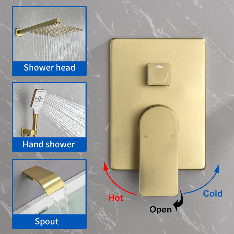 Square 10-inch Rainfall Shower Head Set with 3-Setting Handheld Shower and 4.72-inch Waterfall Spout