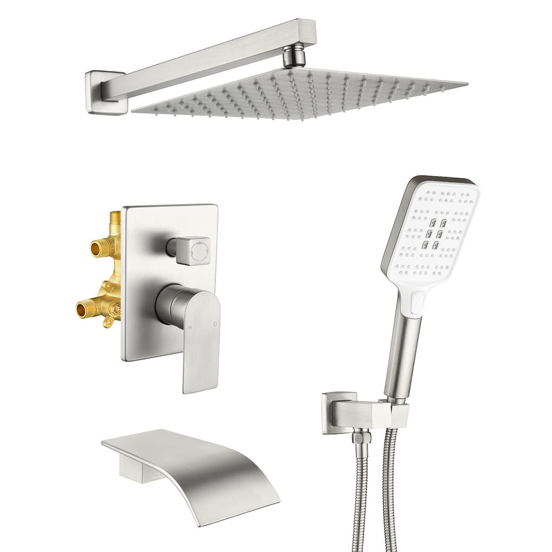 Square 10-inch Rainfall Shower Head Set with 3-Setting Handheld Shower and 4.72-inch Waterfall Spout