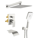 Square 10-inch Rainfall Shower Head Set with 3-Setting Handheld Shower and 4.72-inch Waterfall Spout