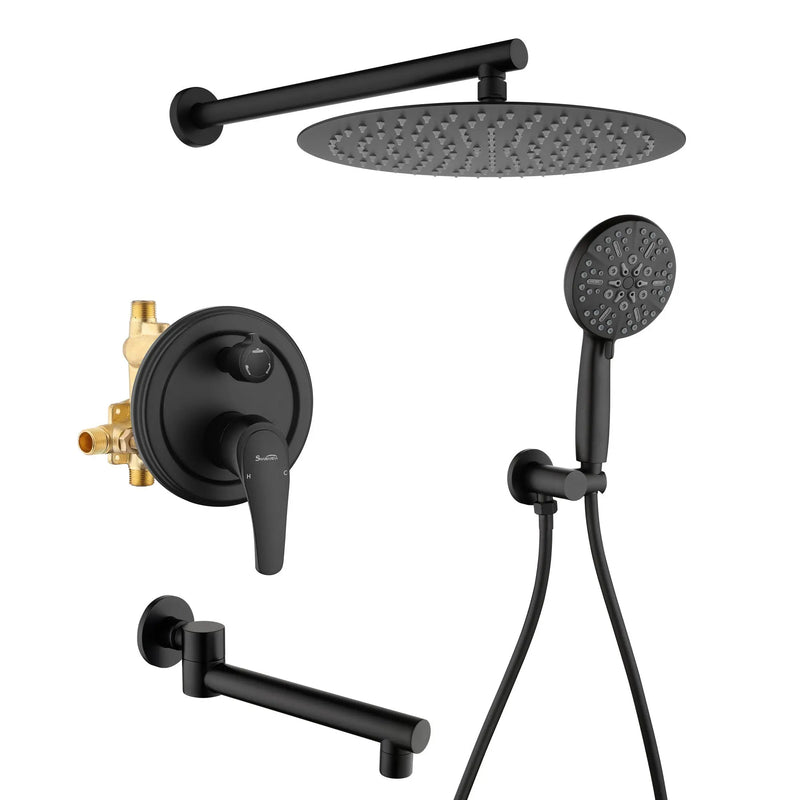3 Functions Rain Shower Faucet, 12-inch Round Shower Head Set with 7-Spray Shower Head & 180 Degree Swivel Spout shower-faucet-set-with-tub-spout-luxury-tub-shower-faucet-combo-set-with-9-inches-shower-head-and-handheld-shower-bathroom-shower-valve-trim-kit-shower-fixture-2 Matte black / Brass & SUS304 & ABS / 17.5*13.4*5.5inches