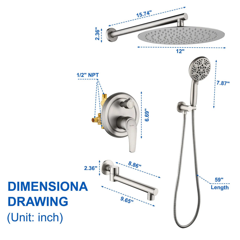 3 Functions Rain Shower Faucet, 12-inch Round Shower Head Set with 7-Spray Shower Head & 180 Degree Swivel Spout shower-faucet-set-with-tub-spout-luxury-tub-shower-faucet-combo-set-with-9-inches-shower-head-and-handheld-shower-bathroom-shower-valve-trim-kit-shower-fixture-2 