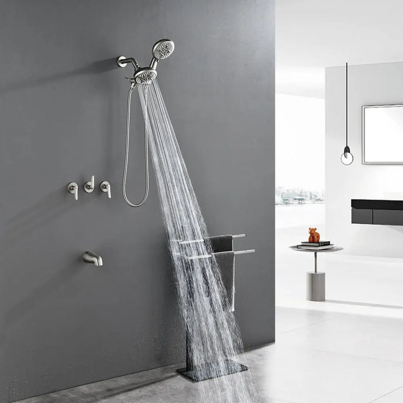 3 Handle Tub Shower Faucet Set Shower System with Tub Spout Bathtub Faucet Set Shower Tub Combo Set Complete Tub and Shower Trim Kit Matte Black matte-black-3-handle-tub-shower-faucet-set-with-tub-spout-and-trim-kit Brushed nickel / Brass & SUS304 & ABS / 17.3*10.1*5.4 inches