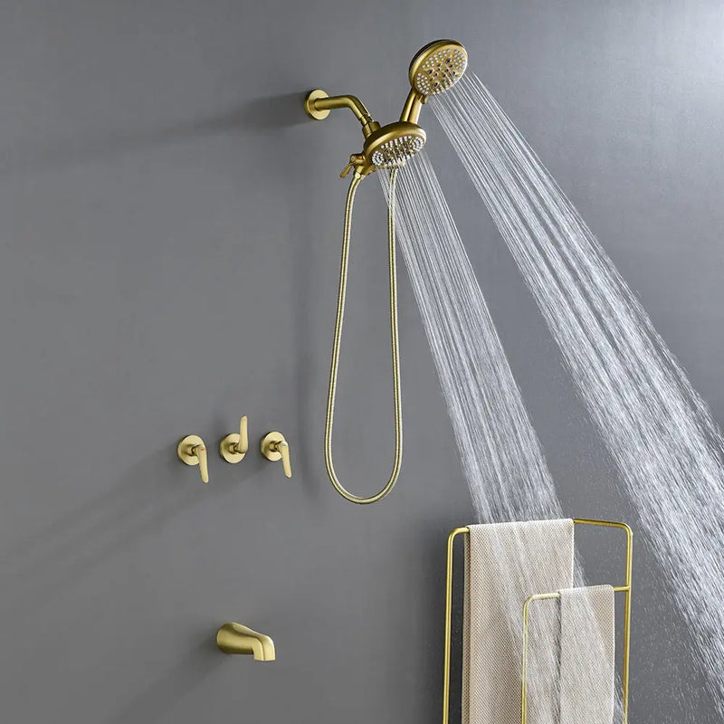 3 Handle Tub Shower Faucet Set Shower System with Tub Spout Bathtub Faucet Set Shower Tub Combo Set Complete Tub and Shower Trim Kit Matte Black matte-black-3-handle-tub-shower-faucet-set-with-tub-spout-and-trim-kit Brushed gold / Brass & SUS304 & ABS / 17.3*10.1*5.4 inches