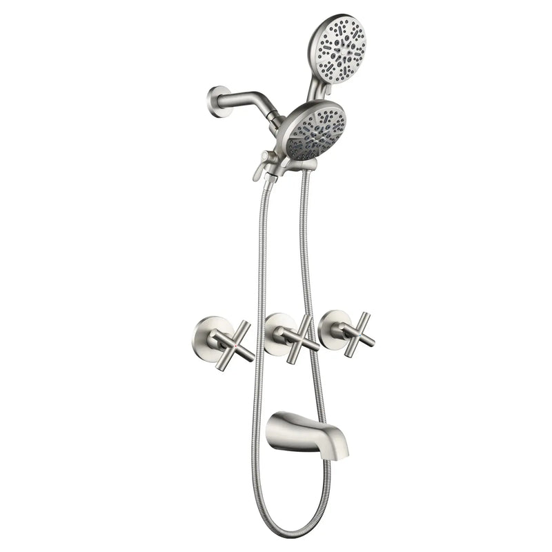 3 Handles 2 in 1 Round Tub Shower Faucet with 7-Spray Dual Shower Heads and Tub Spout 3-handles-2-in-1-round-tub-shower-faucet-with-7-spray-dual-shower-heads-and-tub-spout Brushed Nickel / Brass & SUS304 & ABS / 17.3*10.1*5.4 inches