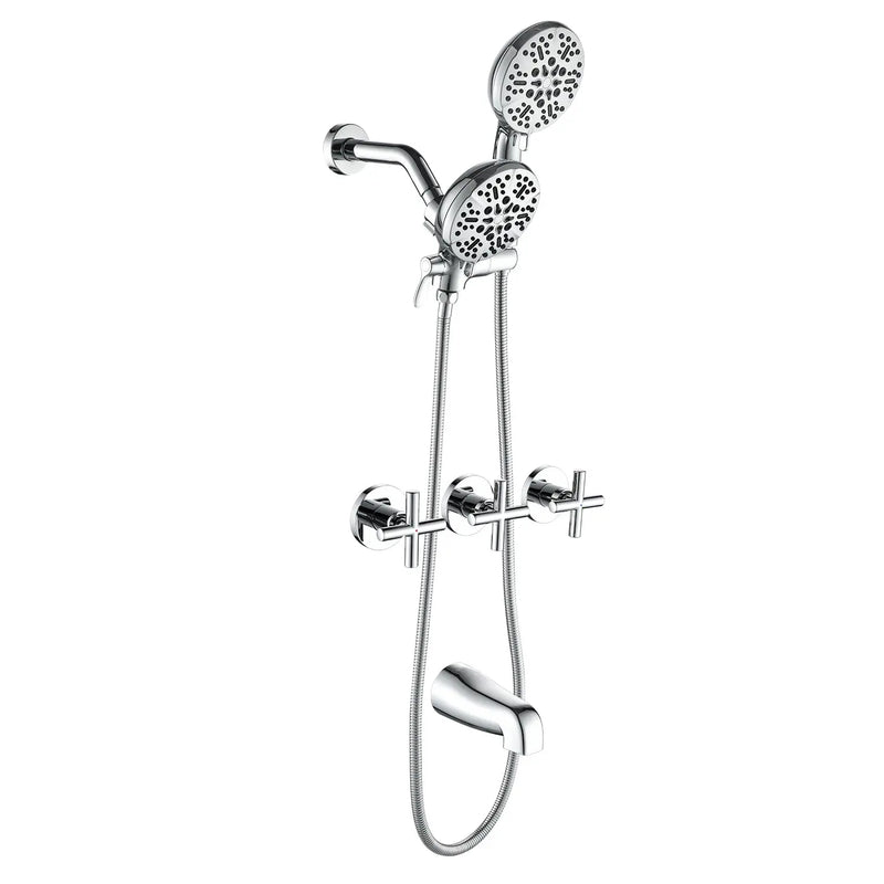 3 Handles 2 in 1 Round Tub Shower Faucet with 7-Spray Dual Shower Heads and Tub Spout 3-handles-2-in-1-round-tub-shower-faucet-with-7-spray-dual-shower-heads-and-tub-spout Chrome / Brass & SUS304 & ABS / 17.3*10.1*5.4 inches