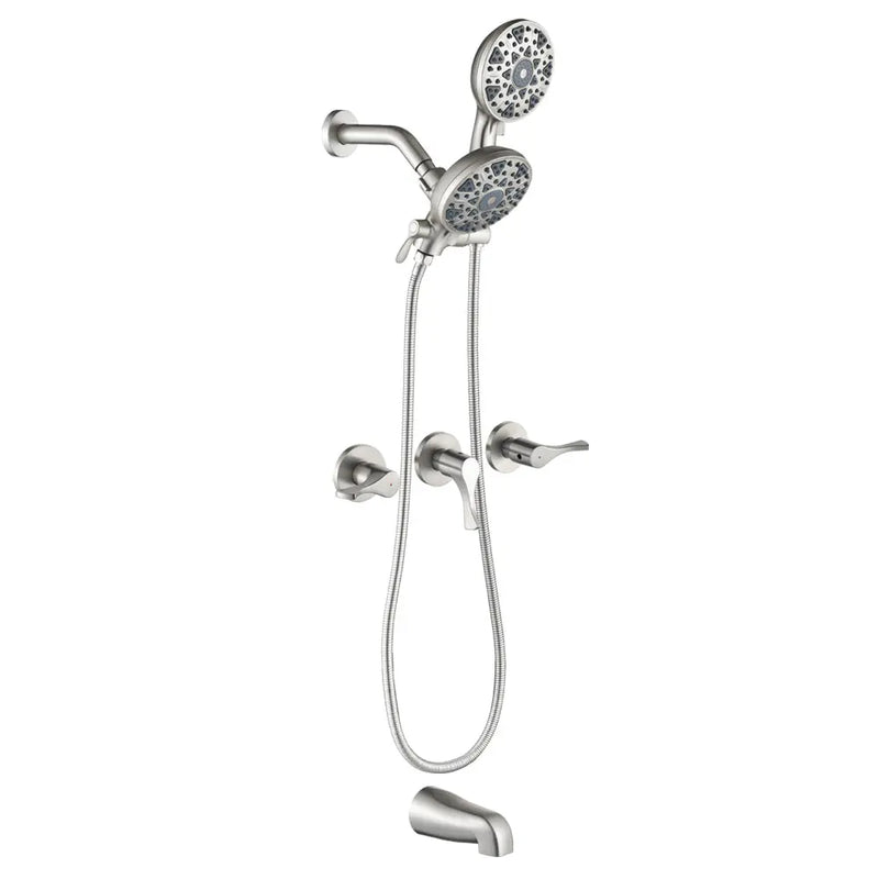 3 Handles Tub Shower Faucet with Round 6-Spray 2 In 1 Dual Shower Head and Tub Spout 3-handles-tub-shower-faucet-with-round-6-spray-2-in-1-dual-shower-head-and-tub-spout Brushed Nickel / Brass & SUS304 & ABS / 17.3*10.1*5.4 inches