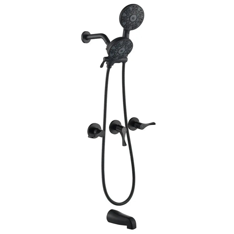 3 Handles Tub Shower Faucet with Round 6-Spray 2 In 1 Dual Shower Head and Tub Spout 3-handles-tub-shower-faucet-with-round-6-spray-2-in-1-dual-shower-head-and-tub-spout Matte Black / Brass & SUS304 & ABS / 17.3*10.1*5.4 inches