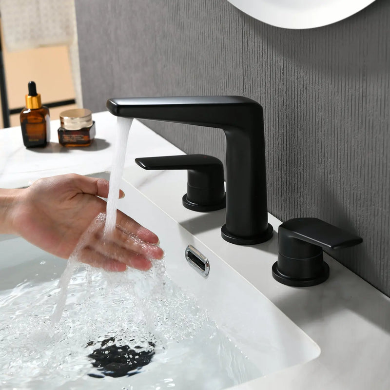3 Piece Bathroom Sink Faucet Deck Mount Brass 2 Handle 8 In. Widespread Wash Basin Faucet with Popup Drain 3-piece-bathroom-sink-faucet-deck-mount-brass-2-handle-8-in-widespread-wash-basin-faucet-with-popup-drain Matte Black / Brass & Stainless Steel / 16.5*11.2*3.5inches