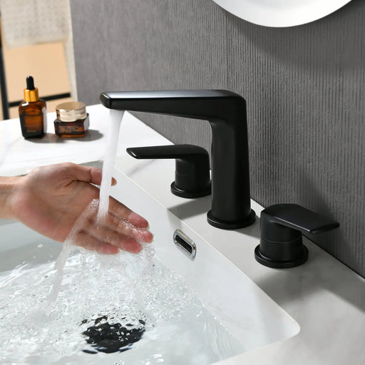 3 Piece Bathroom Sink Faucet Deck Mount Brass 2 Handle 8 In. Widespread Wash Basin Faucet with Popup Drain 3-piece-bathroom-sink-faucet-deck-mount-brass-2-handle-8-in-widespread-wash-basin-faucet-with-popup-drain Matte Black / Brass & Stainless Steel / 16.5*11.2*3.5inches