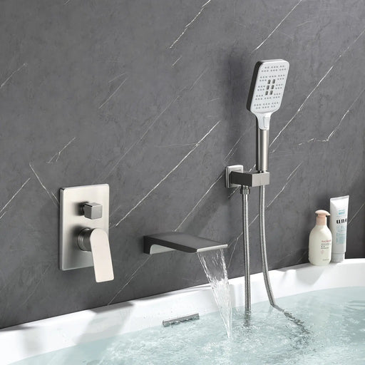 3 Piece Waterfall Wall Mount Bath Tub Filler Faucet with 3 Setting Handheld Sprayer 3-piece-waterfall-wall-mount-bath-tub-filler-faucet-with-3-setting-handheld-sprayer Brushed Nickel / Brass & SUS304 & ABS / 13.8*12.1*5.2 inches