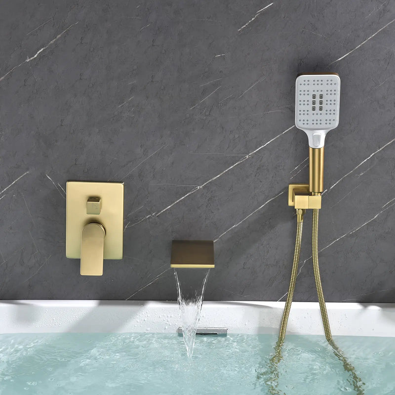 3 Piece Waterfall Wall Mount Bath Tub Filler Faucet with 3 Setting Handheld Sprayer 3-piece-waterfall-wall-mount-bath-tub-filler-faucet-with-3-setting-handheld-sprayer Brushed Gold / Brass & SUS304 & ABS / 13.8*12.1*5.2 inches