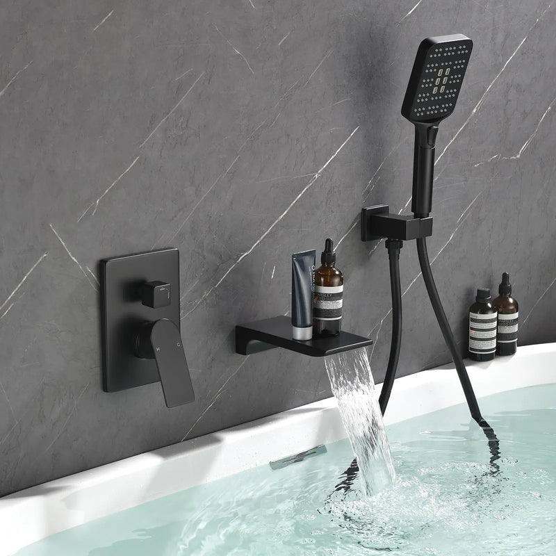 3 Piece Waterfall Wall Mount Bath Tub Filler Faucet with 3 Setting Handheld Sprayer 3-piece-waterfall-wall-mount-bath-tub-filler-faucet-with-3-setting-handheld-sprayer Matte Black / Brass & SUS304 & ABS / 13.8*12.1*5.2 inches