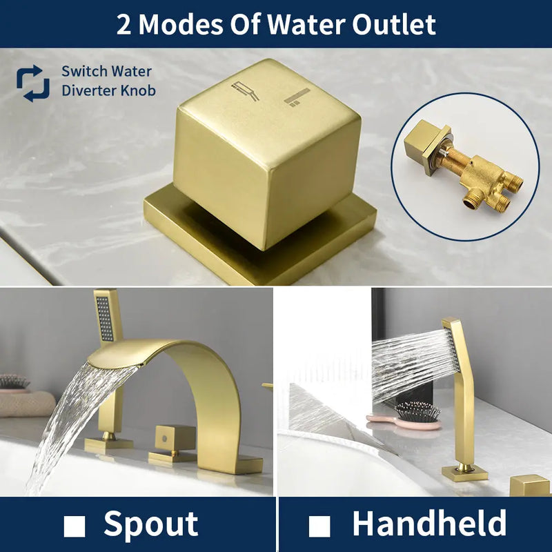 4-Hole Roman Bath Faucet Hot Cold Water Mixer Deck Mount Waterfall Tub Faucet with Hand Shower - Matte Black, Brushed Nickel, Brushed Gold hot-cold-water-mixer-4-hole-deck-mount-roman-bath-faucet-with-hand-shower 