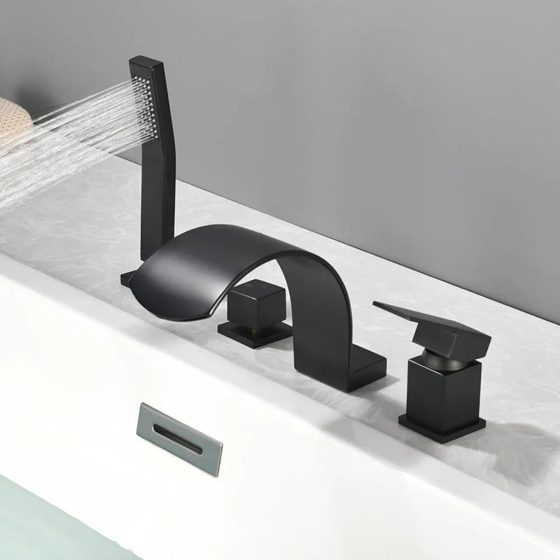 4-Hole Roman Bath Faucet Hot Cold Water Mixer Deck Mount Waterfall Tub Faucet with Hand Shower - Matte Black, Brushed Nickel, Brushed Gold hot-cold-water-mixer-4-hole-deck-mount-roman-bath-faucet-with-hand-shower 