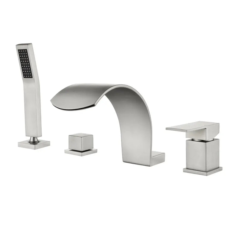 4-Hole Roman Bath Faucet Hot Cold Water Mixer Deck Mount Waterfall Tub Faucet with Hand Shower - Matte Black, Brushed Nickel, Brushed Gold hot-cold-water-mixer-4-hole-deck-mount-roman-bath-faucet-with-hand-shower Brushed Nickel / Brass & SUS304 / 17.5*13.4*5.5 inches