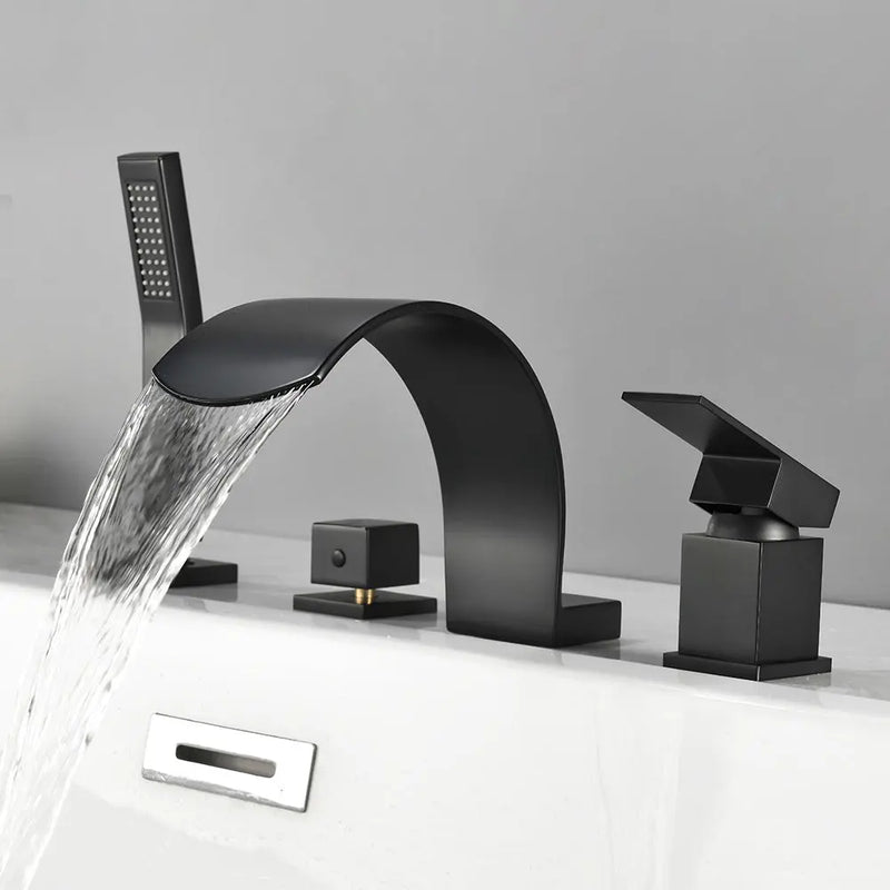 4-Hole Roman Bath Faucet Hot Cold Water Mixer Deck Mount Waterfall Tub Faucet with Hand Shower - Matte Black, Brushed Nickel, Brushed Gold hot-cold-water-mixer-4-hole-deck-mount-roman-bath-faucet-with-hand-shower 