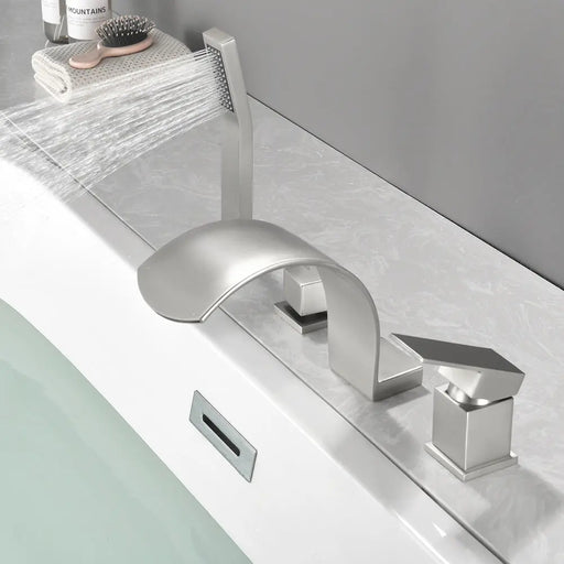 4-Hole Roman Bath Faucet Hot Cold Water Mixer Deck Mount Waterfall Tub Faucet with Hand Shower - Matte Black, Brushed Nickel, Brushed Gold hot-cold-water-mixer-4-hole-deck-mount-roman-bath-faucet-with-hand-shower 