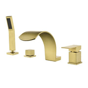 4-Hole Roman Bath Faucet Hot Cold Water Mixer Deck Mount Waterfall Tub Faucet with Hand Shower - Matte Black, Brushed Nickel, Brushed Gold hot-cold-water-mixer-4-hole-deck-mount-roman-bath-faucet-with-hand-shower Brushed Gold / Brass & SUS304 / 17.5*13.4*5.5 inches
