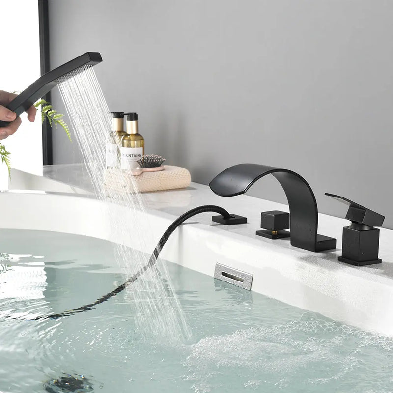 4-Hole Roman Bath Faucet Hot Cold Water Mixer Deck Mount Waterfall Tub Faucet with Hand Shower - Matte Black, Brushed Nickel, Brushed Gold hot-cold-water-mixer-4-hole-deck-mount-roman-bath-faucet-with-hand-shower 