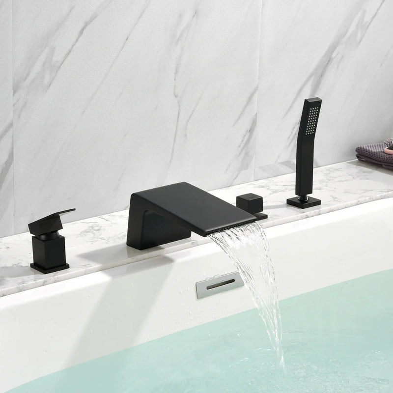 4-Hole Waterfall Deck-Mount Bathtub Faucet with Sprayer High Flow Roman Tub Filler with Hand Shower 4-hole-waterfall-deck-mount-bathtub-faucet-with-sprayer-high-flow-roman-tub-filler-with-hand-shower Matte Black / Brass & SUS304 / 17.52*13.39*5.51 inch
