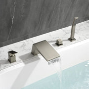 4-Hole Waterfall Deck-Mount Bathtub Faucet with Sprayer High Flow Roman Tub Filler with Hand Shower 4-hole-waterfall-deck-mount-bathtub-faucet-with-sprayer-high-flow-roman-tub-filler-with-hand-shower Brushed Nickel / Brass & SUS304 / 17.52*13.39*5.51 inch