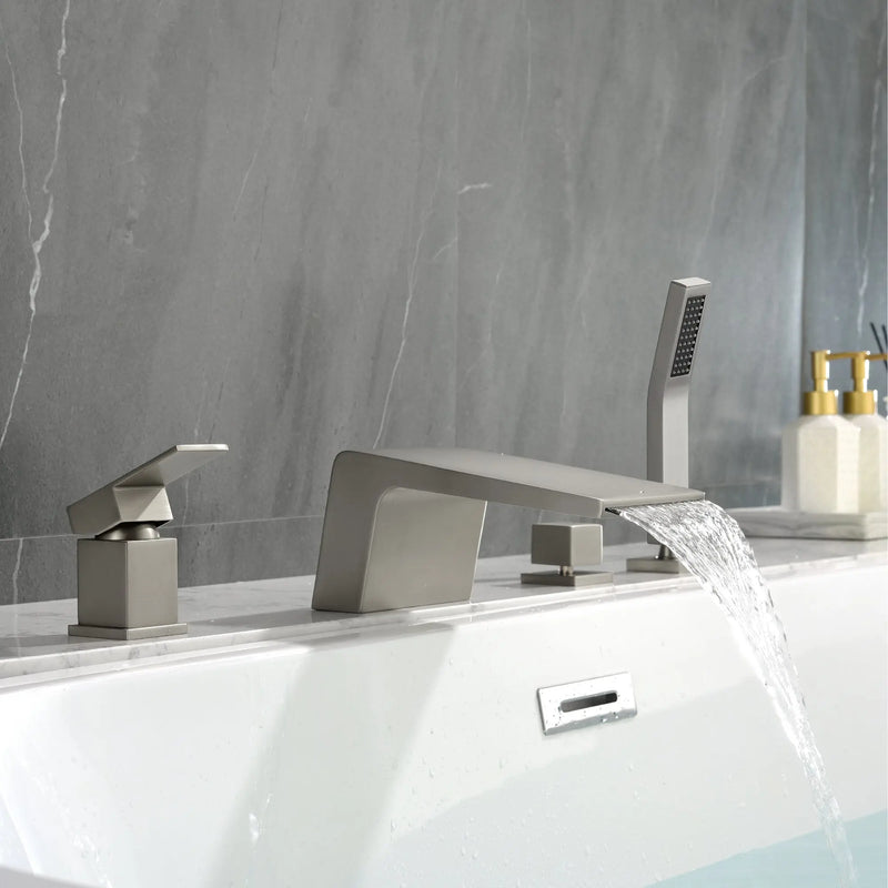 4-Hole Waterfall Deck-Mount Bathtub Faucet with Sprayer High Flow Roman Tub Filler with Hand Shower 4-hole-waterfall-deck-mount-bathtub-faucet-with-sprayer-high-flow-roman-tub-filler-with-hand-shower 