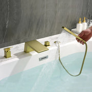 4-Hole Waterfall Deck-Mount Bathtub Faucet with Sprayer High Flow Roman Tub Filler with Hand Shower 4-hole-waterfall-deck-mount-bathtub-faucet-with-sprayer-high-flow-roman-tub-filler-with-hand-shower Brushed Gold / Brass & SUS304 / 17.52*13.39*5.51 inch