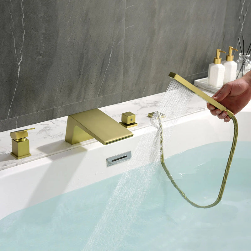 4-Hole Waterfall Deck-Mount Bathtub Faucet with Sprayer High Flow Roman Tub Filler with Hand Shower 4-hole-waterfall-deck-mount-bathtub-faucet-with-sprayer-high-flow-roman-tub-filler-with-hand-shower Brushed Gold / Brass & SUS304 / 17.52*13.39*5.51 inch