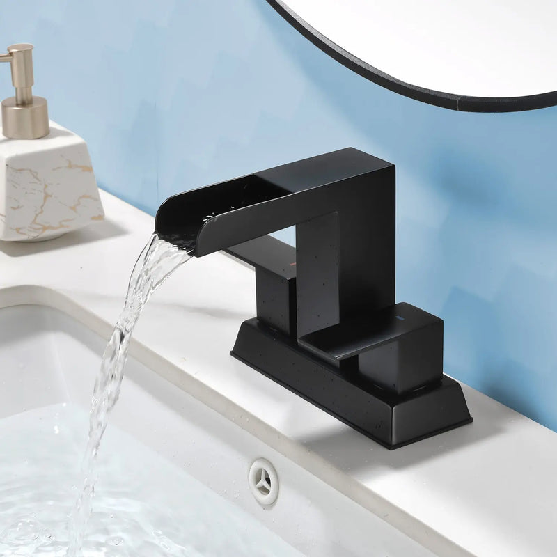 4 Inch Centerset Double Handles Deck Mount Waterfall Lavatory Faucet Mixer Tap with Pop up Drain 4-inch-centerset-double-handles-deck-mount-waterfall-lavatory-faucet-mixer-tap-with-pop-up-drain Matte Black / SUS304 / 11.6*8.7*6.5 inches