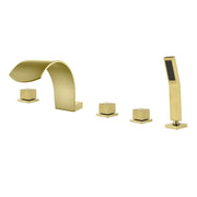 5-Hole Bathtub Mixer Deck Mounted Roman Bath Tub Filler with Hand-Held Shower Sprayer and Waterfall Spout 5-hole-bathtub-mixer-deck-mounted-roman-bath-tub-filler-with-hand-held-shower-sprayer-and-waterfall-spout Brushed Gold / Brass & SUS304 / 17.5*13.4*5.5 inches