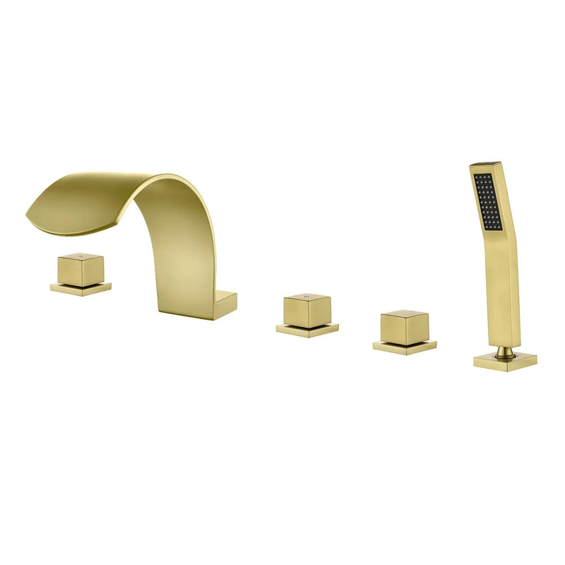 5-Hole Bathtub Mixer Deck Mounted Roman Bath Tub Filler with Hand-Held Shower Sprayer and Waterfall Spout 5-hole-bathtub-mixer-deck-mounted-roman-bath-tub-filler-with-hand-held-shower-sprayer-and-waterfall-spout Brushed Gold / Brass & SUS304 / 17.5*13.4*5.5 inches