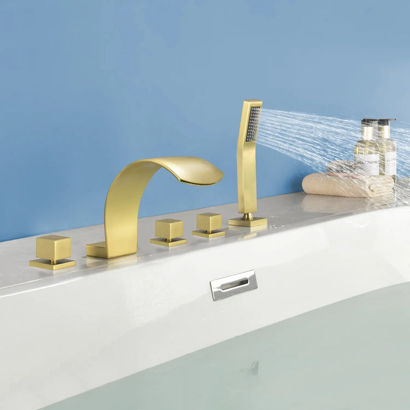 5-Hole Bathtub Mixer Deck Mounted Roman Bath Tub Filler with Hand-Held Shower Sprayer and Waterfall Spout 5-hole-bathtub-mixer-deck-mounted-roman-bath-tub-filler-with-hand-held-shower-sprayer-and-waterfall-spout 