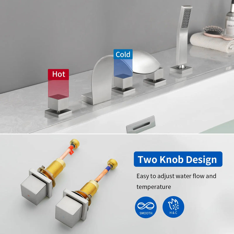 5-Hole Bathtub Mixer Deck Mounted Roman Bath Tub Filler with Hand-Held Shower Sprayer and Waterfall Spout 5-hole-bathtub-mixer-deck-mounted-roman-bath-tub-filler-with-hand-held-shower-sprayer-and-waterfall-spout 