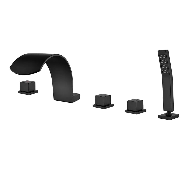 5-Hole Bathtub Mixer Deck Mounted Roman Bath Tub Filler with Hand-Held Shower Sprayer and Waterfall Spout 5-hole-bathtub-mixer-deck-mounted-roman-bath-tub-filler-with-hand-held-shower-sprayer-and-waterfall-spout Matte Black / Brass & SUS304 / 17.5*13.4*5.5 inches