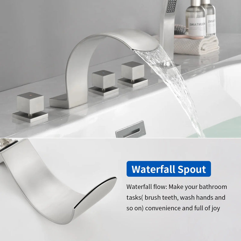 5-Hole Bathtub Mixer Deck Mounted Roman Bath Tub Filler with Hand-Held Shower Sprayer and Waterfall Spout 5-hole-bathtub-mixer-deck-mounted-roman-bath-tub-filler-with-hand-held-shower-sprayer-and-waterfall-spout 