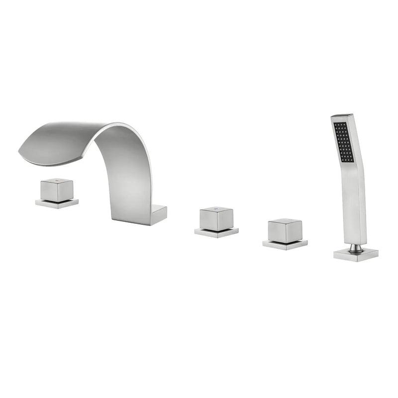 5-Hole Bathtub Mixer Deck Mounted Roman Bath Tub Filler with Hand-Held Shower Sprayer and Waterfall Spout 5-hole-bathtub-mixer-deck-mounted-roman-bath-tub-filler-with-hand-held-shower-sprayer-and-waterfall-spout Brushed Nickel / Brass & SUS304 / 17.5*13.4*5.5 inches