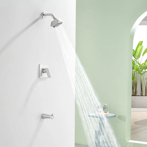 5-setting Tub and Shower Faucet Single-Handle shower trim kit with 5 in. square rain head shower and diverter tub spout 5-setting-tub-and-shower-faucet-single-handle-shower-trim-kit-with-5-in-square-rain-head-shower-and-diverter-tub-spout Brushed Nickel / Brass & SUS304 & ABS / 17.2*10.1*5.4 inch