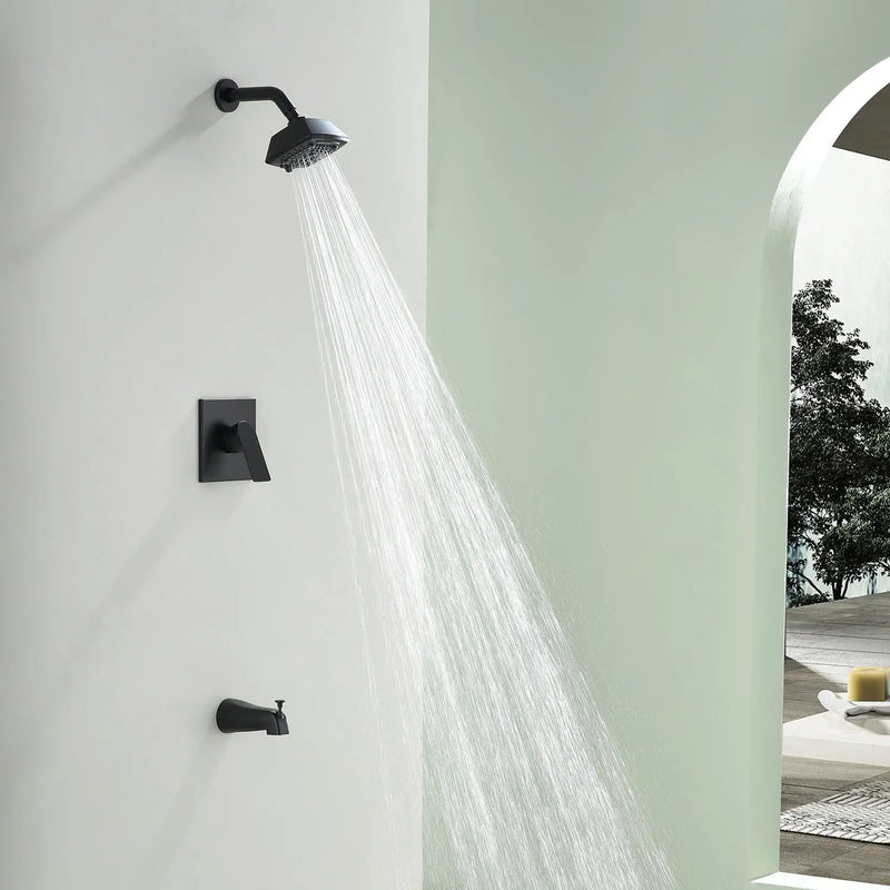 5-setting Tub and Shower Faucet Single-Handle shower trim kit with 5 in. square rain head shower and diverter tub spout 5-setting-tub-and-shower-faucet-single-handle-shower-trim-kit-with-5-in-square-rain-head-shower-and-diverter-tub-spout Matte Black / Brass & SUS304 & ABS / 17.2*10.1*5.4 inch
