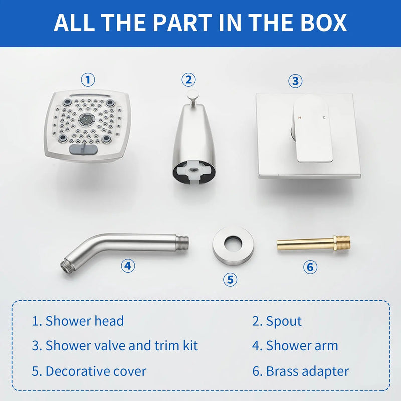 5-setting Tub and Shower Faucet Single-Handle shower trim kit with 5 in. square rain head shower and diverter tub spout 5-setting-tub-and-shower-faucet-single-handle-shower-trim-kit-with-5-in-square-rain-head-shower-and-diverter-tub-spout 