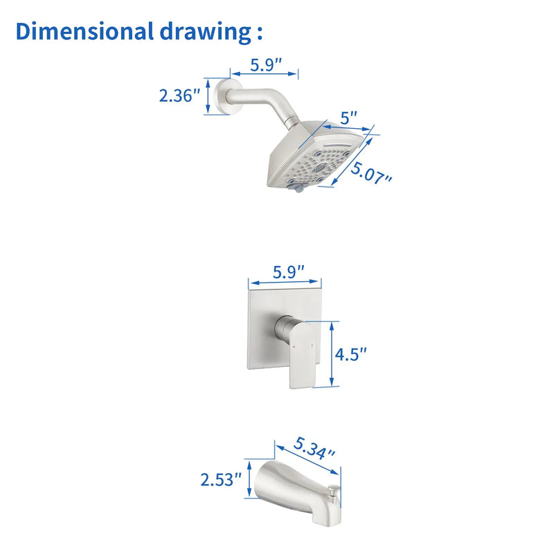 5-setting Tub and Shower Faucet Single-Handle shower trim kit with 5 in. square rain head shower and diverter tub spout 5-setting-tub-and-shower-faucet-single-handle-shower-trim-kit-with-5-in-square-rain-head-shower-and-diverter-tub-spout 